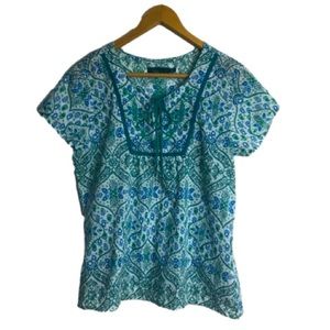 PRANA Blouse Short Sleeves L Green Blue White Boho Cottagecore Tie